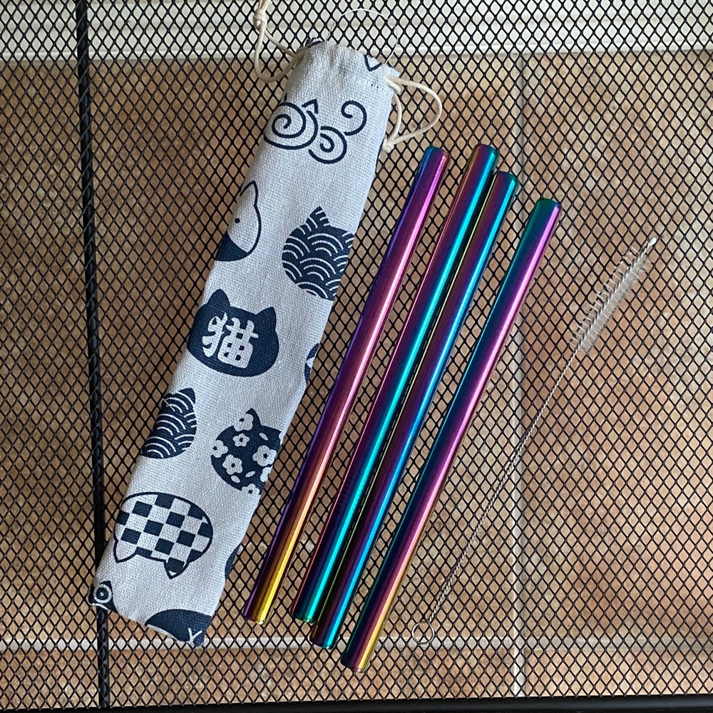 4-piece Rainbow Metal Straws Set w/ Cute Cat Pouch